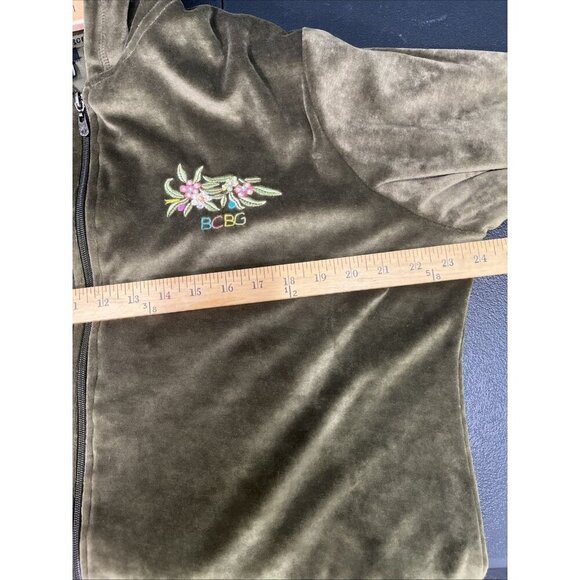 BCBG Y2K Velour Track Jacket Womens 2X Green Velvet Sequin Embroidered Hooded - Picture 8 of 9